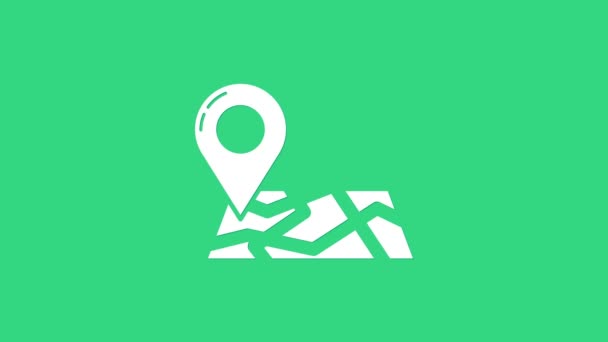 Белая складная карта с значком маркера местоположения, выделенным на зеленом фоне. Видеографическая анимация 4K — стоковое видео