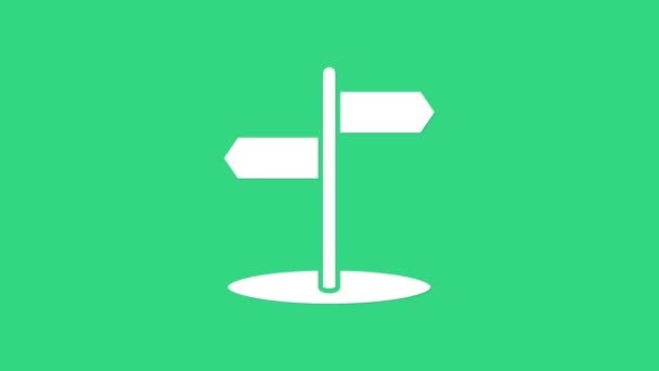 Ein weißes Verkehrsschild. Wegweiser-Symbol isoliert auf grünem Hintergrund. Zeigersymbol. Abgelegenes Straßeninformationsschild. Wegweiser. 4K Video Motion Grafik Animation — Stockvideo