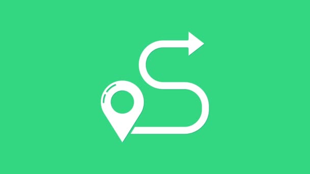 Fehér Útvonal helyét ikon elszigetelt zöld háttér. Térképes mutató jel. Az ösvény vagy az út fogalma. GPS navigátor. 4K Videó mozgás grafikus animáció — Stock videók