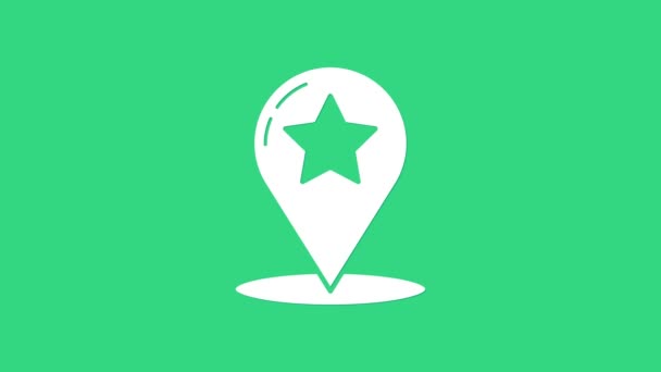 Yeşil arkaplanda yıldız simgesi olan beyaz harita işaretçisi. Yıldız favori iğne haritası simgesi. Harita işaretleyicileri. 4K Video hareketli grafik canlandırması — Stok video