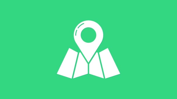Fehér hajtogatott térkép helyzetjelző ikonnal elszigetelt zöld alapon. 4K Videó mozgás grafikus animáció — Stock videók
