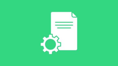 Beyaz Dosya belgesi simgesi yeşil arkaplanda izole edildi. Ayarlama, servis, ayar, bakım, onarım, onarım. 4K Video hareketli grafik canlandırması