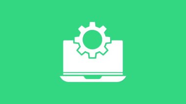 Beyaz dizüstü bilgisayar ve dişli simgesi yeşil arkaplanda izole edildi. Laptop servis konsepti. Uygulama ayarlanıyor, seçenekler ayarlanıyor, bakım, onarım, onarım. 4K Video hareketli grafik canlandırması