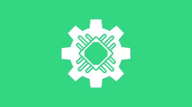 Beyaz İşlemci simgesi yeşil arkaplanda izole edildi. İşlemci, merkezi işlem birimi, mikroçip, mikro devre, bilgisayar işlemcisi, çip. 4K Video hareketli grafik canlandırması