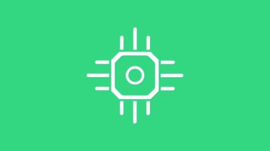 Beyaz İşlemci simgesi yeşil arkaplanda izole edildi. İşlemci, merkezi işlem birimi, mikroçip, mikro devre, bilgisayar işlemcisi, çip. 4K Video hareketli grafik canlandırması