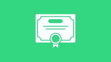 Beyaz Sertifika şablon simgesi yeşil arkaplanda izole edildi. Başarı, ödül, diploma, burs, diploma. İş başarısı sertifikası 4K Video hareketli grafik canlandırması