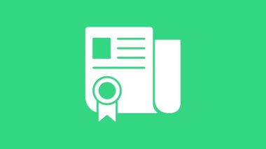 Beyaz Sertifika şablon simgesi yeşil arkaplanda izole edildi. Başarı, ödül, diploma, burs, diploma. İş başarısı sertifikası 4K Video hareketli grafik canlandırması
