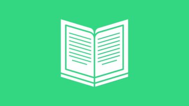 Beyaz Açık kitap simgesi yeşil arkaplanda izole edildi. 4K Video hareketli grafik canlandırması