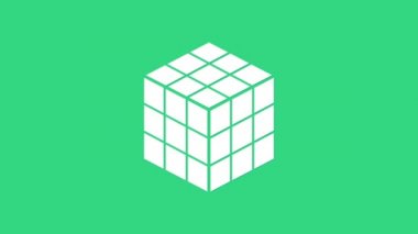 Beyaz Rubik küp simgesi yeşil arkaplanda izole edildi. Mekanik yapboz oyuncağı. Rubiks küp 3D kombinasyon bulmacası. 4K Video hareketli grafik canlandırması