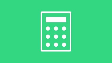 Yeşil arkaplanda beyaz hesap makinesi simgesi izole edildi. Muhasebe sembolü. İş hesaplamaları matematik eğitimi ve finans. 4K Video hareketli grafik canlandırması