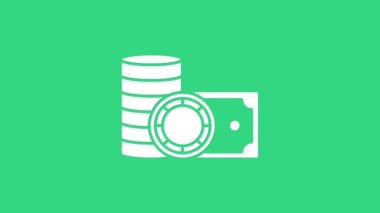 Beyaz Kumarhane fişleri ve desteler kağıt para nakit ikonu yeşil arka planda izole. Kumarhane kumarı. 4K Video hareketli grafik canlandırması