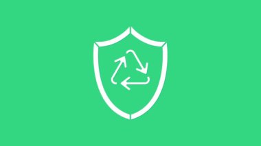 Yeşil arkaplanda beyaz geri dönüşüm sembolü var. Çevre koruma işareti. 4K Video hareketli grafik canlandırması