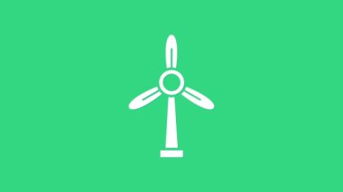 Beyaz Rüzgar türbini simgesi yeşil arkaplanda izole edildi. Rüzgar jeneratörü işareti. Elektrik üretimi için yel değirmeni. 4K Video hareketli grafik canlandırması