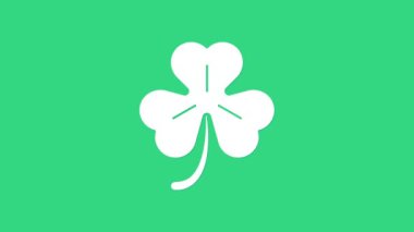 Yeşil arkaplanda beyaz dört yapraklı yonca simgesi izole edildi. Mutlu Aziz Patrick günleri. 4K Video hareketli grafik canlandırması