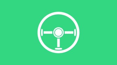 Yeşil arka planda beyaz direksiyon simgesi izole edildi. Araba tekeri ikonu. 4K Video hareketli grafik canlandırması