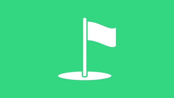 緑色の背景に白い旗のアイコンが孤立しています。ロケーションマーカーシンボル。4Kビデオモーショングラフィックアニメーション — ストック動画