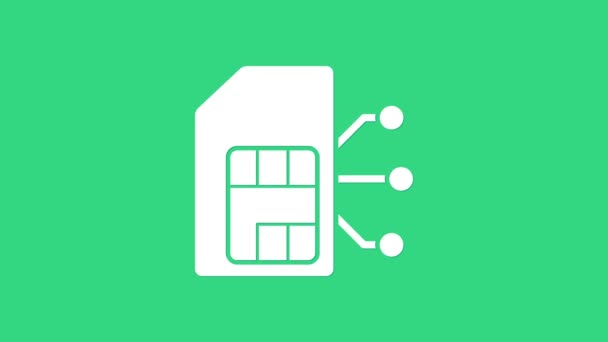 Icono de la tarjeta Sim blanca aislado sobre fondo verde. Móvil chip de tarjeta SIM de teléfono celular. Símbolo de tecnología de telecomunicaciones móviles. Animación gráfica de vídeo 4K — Vídeos de Stock