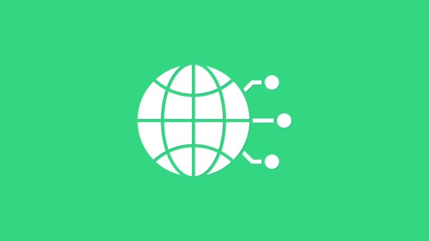白色全球技术或社交网络图标在绿色背景下被隔离。4K视频运动图形动画 — 图库视频影像