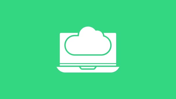 Λευκό σύννεφο τεχνολογία μεταφορά δεδομένων και αποθήκευση εικονίδιο απομονώνονται σε πράσινο φόντο. 4K Γραφική κίνηση κίνησης βίντεο — Αρχείο Βίντεο