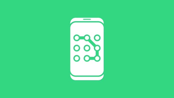 Bílý Mobilní telefon a grafické heslo ikona izolované na zeleném pozadí. Zabezpečení, bezpečnost, osobní přístup, oprávnění uživatele. Grafická animace pohybu videa 4K — Stock video