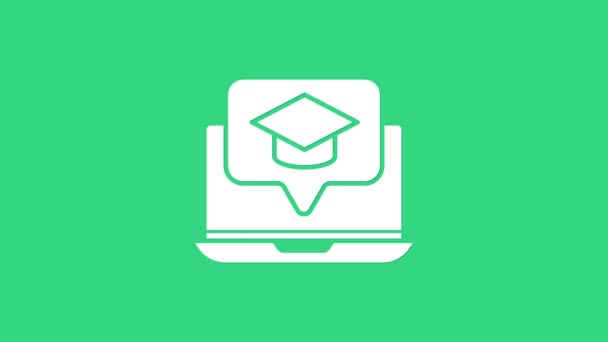 Casquette de graduation blanche sur l'icône de l'ordinateur portable de l'écran isolé sur fond vert. Concept d'apprentissage en ligne ou d'apprentissage en ligne. Animation graphique de mouvement vidéo 4K — Video