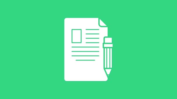緑色の背景に消しゴムのアイコンが分離された白い試験シートと鉛筆。テストペーパー、試験、または調査の概念。学校試験または試験。4Kビデオモーショングラフィックアニメーション — ストック動画