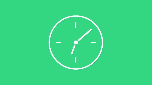 Ícone de relógio branco isolado no fundo verde. Símbolo temporal. Animação gráfica em movimento de vídeo 4K — Vídeo de Stock