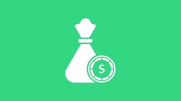 Torba z białymi pieniędzmi i ikona żetonów w kasynie na zielonym tle. Symbol dolara lub USD. Znak waluty Cash Banking. 4K Animacja graficzna ruchu wideo — Wideo stockowe