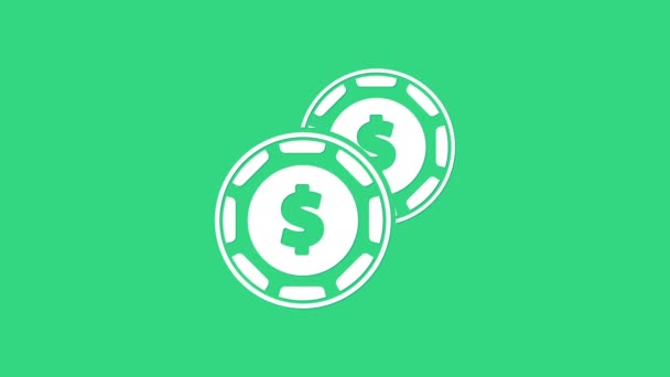 緑の背景に隔離されたドル記号のアイコンを持つホワイトカジノチップ。カジノのギャンブル。4Kビデオモーショングラフィックアニメーション — ストック動画