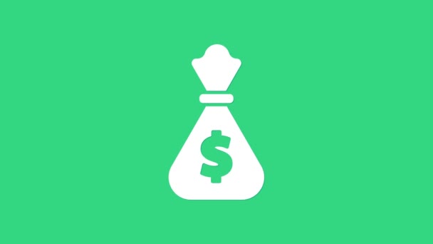 Icono de bolsa de dinero blanco aislado sobre fondo verde. Dólar o símbolo USD. Signo de moneda bancaria en efectivo. Animación gráfica de vídeo 4K — Vídeo de stock