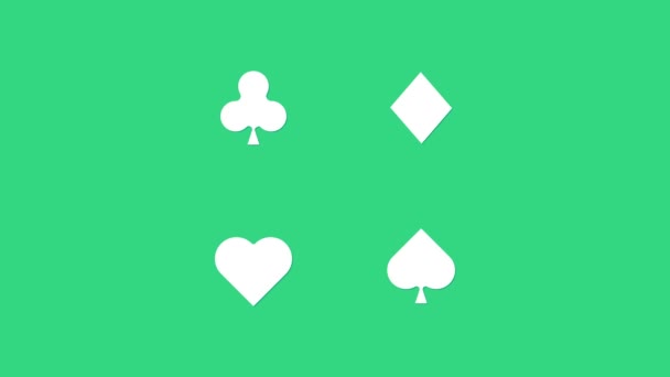 Біла піктограма гральних карт ізольована на зеленому фоні. Азартні ігри в казино. 4K Відео рух графічна анімація — стокове відео