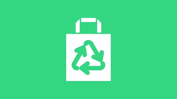Biała księga torba na zakupy z ikoną recyklingu izolowane na zielonym tle. Torba z symbolem recyklingu. 4K Animacja graficzna ruchu wideo — Wideo stockowe