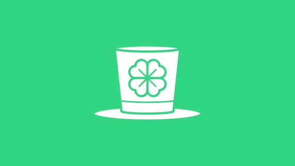 Biały kapelusz krasnoludka i czterolistna ikona koniczyny odizolowane na zielonym tle. Szczęśliwego Dnia Świętego Patryka. 4K Animacja graficzna ruchu wideo — Wideo stockowe