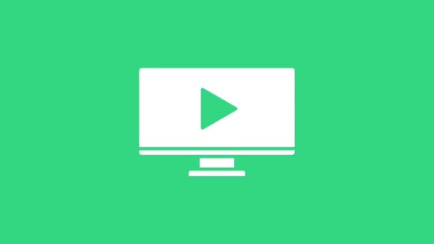 Hvid Online play video ikon isoleret på grøn baggrund. Computer skærm og film strimmel med play tegn. 4K Video bevægelse grafisk animation – Stock-video