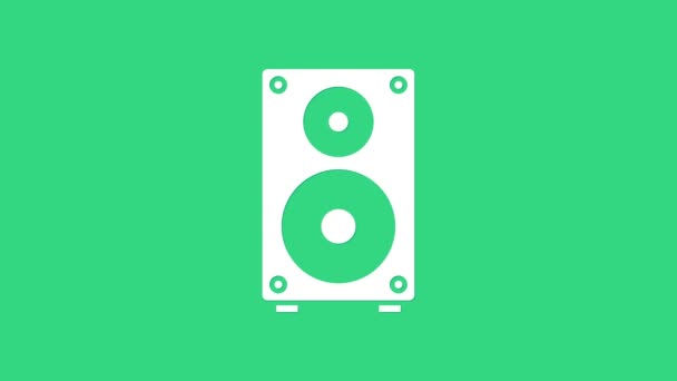 Witte Stereo luidspreker pictogram geïsoleerd op groene achtergrond. Geluidssysteemluidsprekers. Muziek icoon. Muzikale kolom luidspreker bas apparatuur. 4K Video motion grafische animatie — Stockvideo
