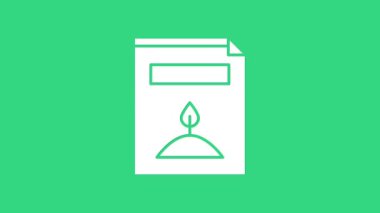 Yeşil arka planda izole edilmiş özel bir bitki simgesinin tohumlarıyla dolu beyaz bir paket. 4K Video hareketli grafik canlandırması