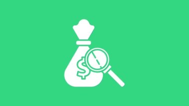 Beyaz Para Çantası ve büyüteç simgesi yeşil arka planda izole edilmiş. Dolar ya da USD sembolü. Nakit bankacılık tabelası. 4K Video hareketli grafik canlandırması