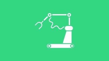 Beyaz endüstriyel robot robot kol fabrikası ikonu yeşil arka planda izole edildi. Endüstriyel robot manipülatörü. 4K Video hareketli grafik canlandırması