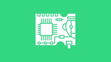 Beyaz baskılı PCB simgesi yeşil arkaplanda izole edildi. 4K Video hareketli grafik canlandırması