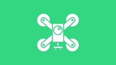 Aksiyon video kamera ikonu ile uçan beyaz dron yeşil arka planda izole edildi. Video ve fotoğraf makinesi sembollü dörtlü helikopter. 4K Video hareketli grafik canlandırması