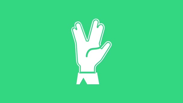 Bílý vulkán salute ikona izolované na zeleném pozadí. Ruka s vulkánským pozdravem. Spocký symbol. Grafická animace pohybu videa 4K — Stock video