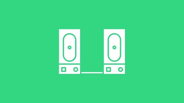 Vit Stereo högtalare ikon isolerad på grön bakgrund. Högtalare för ljudsystem. Musikikonen. Musikalisk kolonn högtalare basutrustning. 4K Video motion grafisk animation — Stockvideo