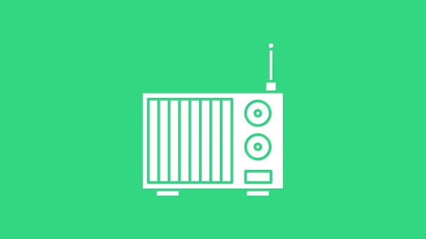 緑色の背景にアンテナアイコンが隔離されたホワイトラジオ。4Kビデオモーショングラフィックアニメーション — ストック動画