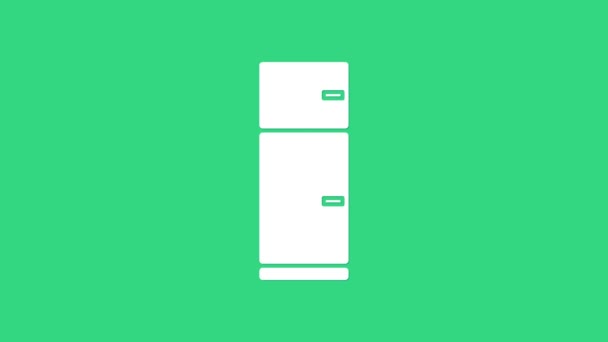 Біла піктограма холодильника ізольована на зеленому фоні. Холодильник холодильник. Побутова техніка та техніка. 4K Відео рух графічна анімація — стокове відео