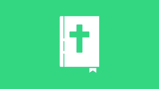 緑の背景に隔離された白い聖書の本のアイコン。4Kビデオモーショングラフィックアニメーション — ストック動画