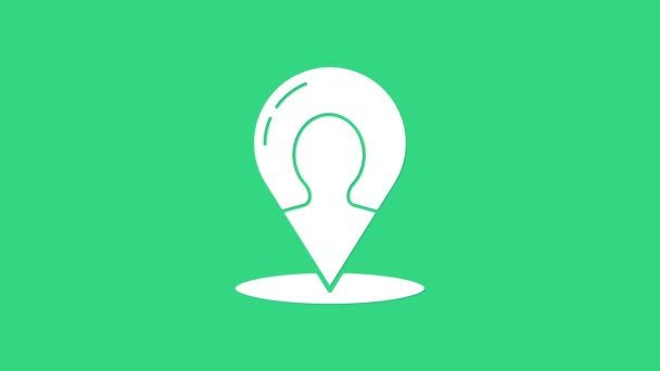 Fehér térkép marker sziluettje egy személy ikon elszigetelt zöld háttér. GPS helymeghatározó szimbólum. 4K Videó mozgás grafikus animáció — Stock videók