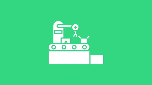 Beyaz Fabrika taşıma sistemi şeridi karton kutular mühendislik makine simgesi yeşil arka planda izole. Robot endüstrisi konsepti. 4K Video hareketli grafik canlandırması — Stok video
