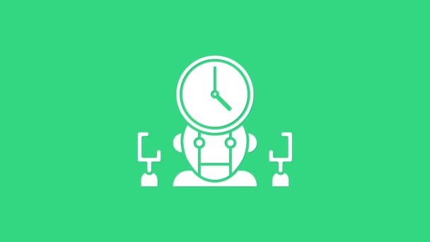 White Robot og digital tidsbestyrer ikon isolert på grønn bakgrunn. tidsledelse, arbeidsflyt-optimalisering, hjelp. 4K Video motion grafisk animasjon – stockvideo