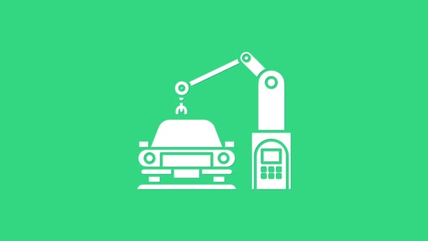 Biała maszyna przemysłowa robotyczne ramię robota na ikonę fabryki samochodów izolowane na zielonym tle. Automatyka przemysłowa produkcja samochodów. 4K Animacja graficzna ruchu wideo — Wideo stockowe