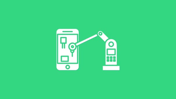 Beyaz Endüstriyel Robot Kollu Robot El, yeşil arka planda izole edilmiş cep telefonu fabrikası ikonu. Endüstriyel robot manipülatörü. 4K Video hareketli grafik canlandırması — Stok video